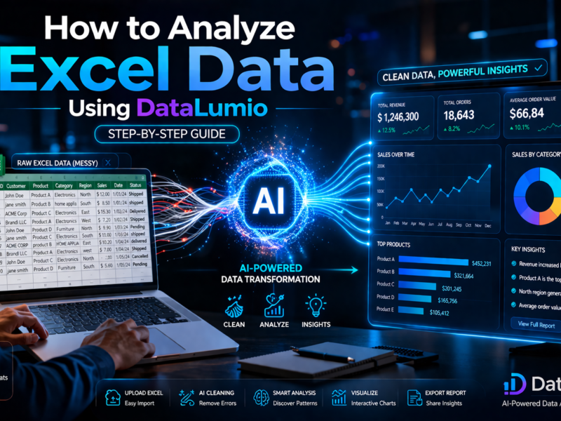 AI analyzing Excel data transforming spreadsheet into insights dashboard