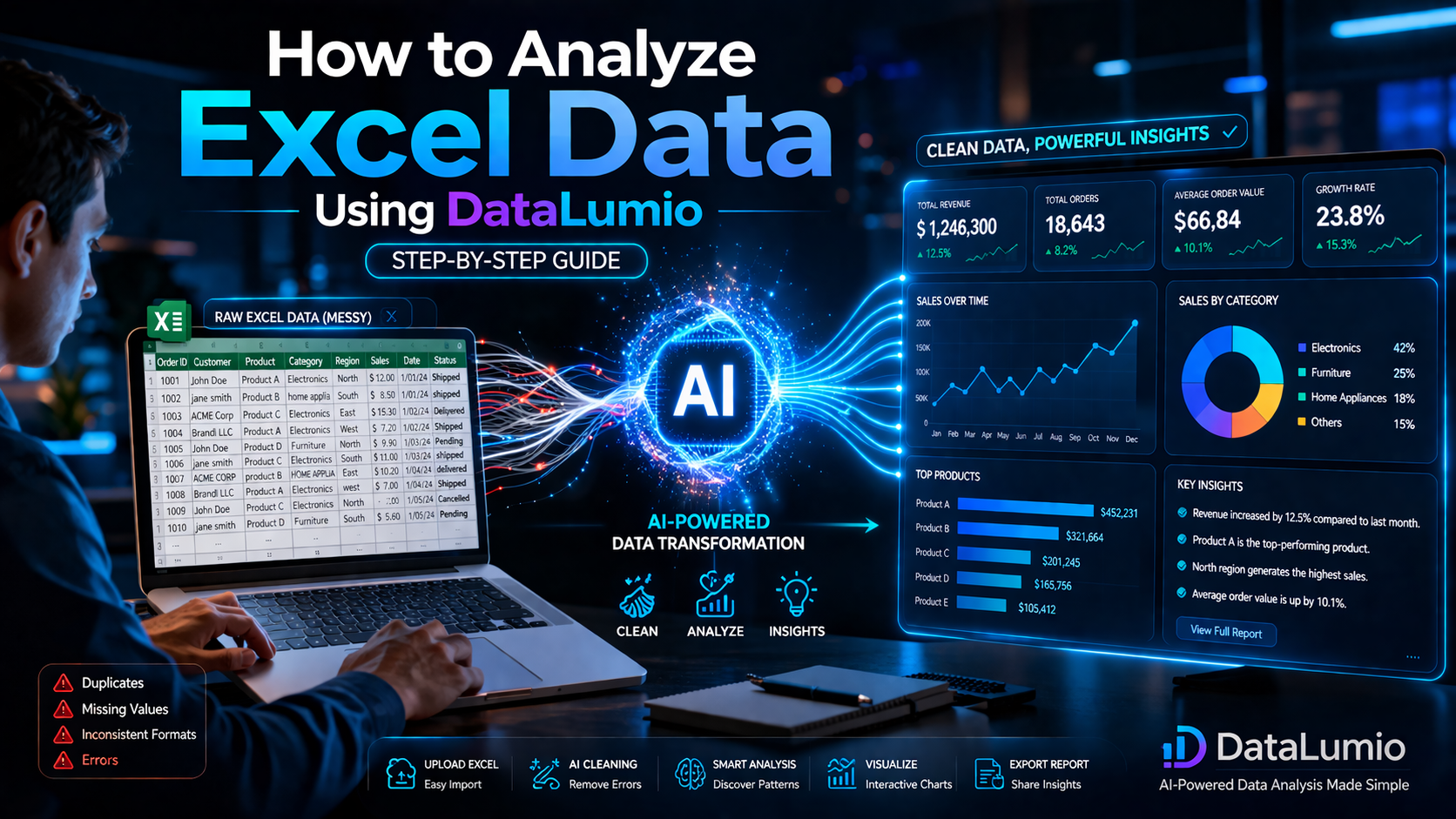 AI analyzing Excel data transforming spreadsheet into insights dashboard