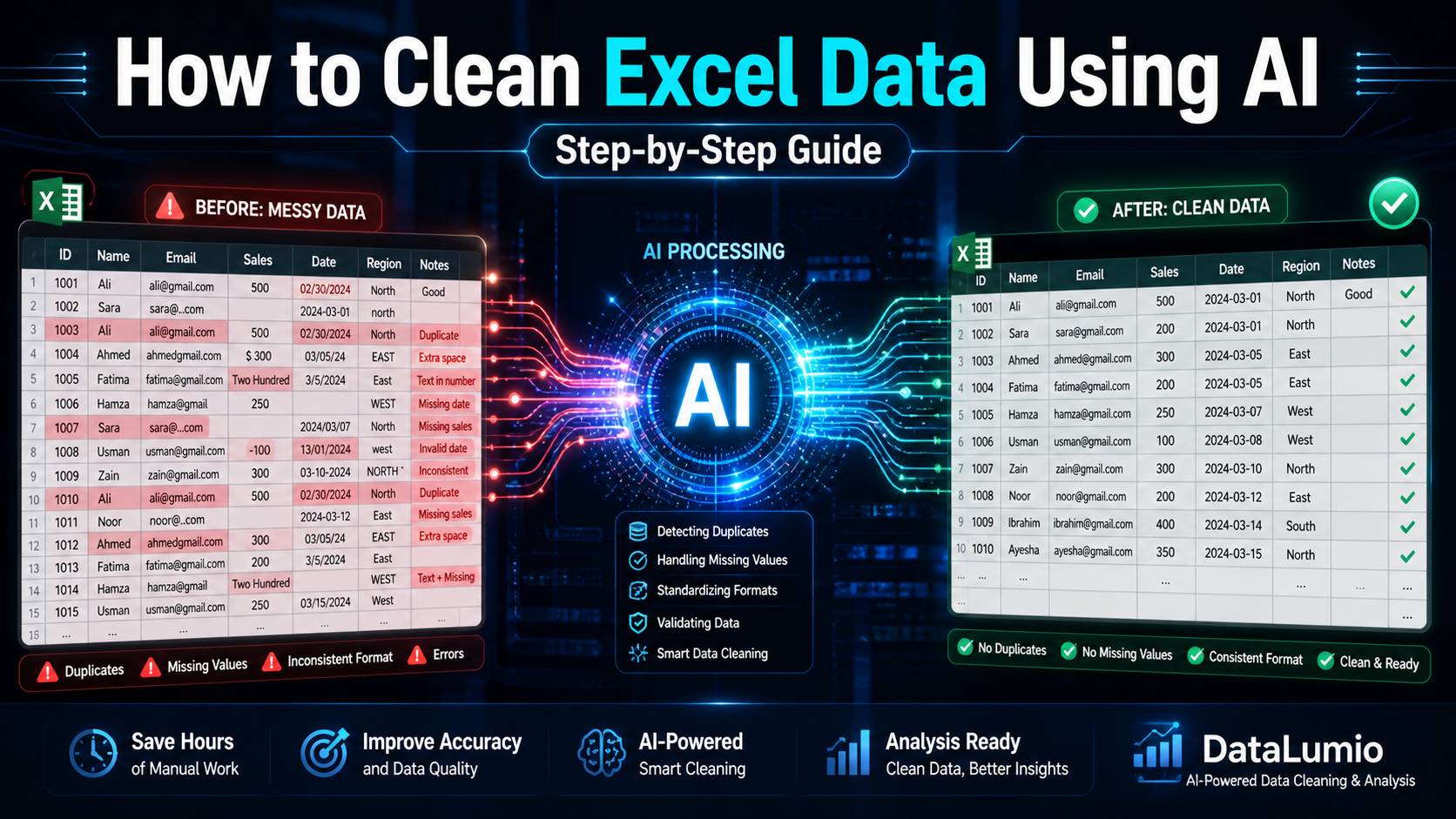 AI cleaning Excel data transforming messy spreadsheet into structured dataset