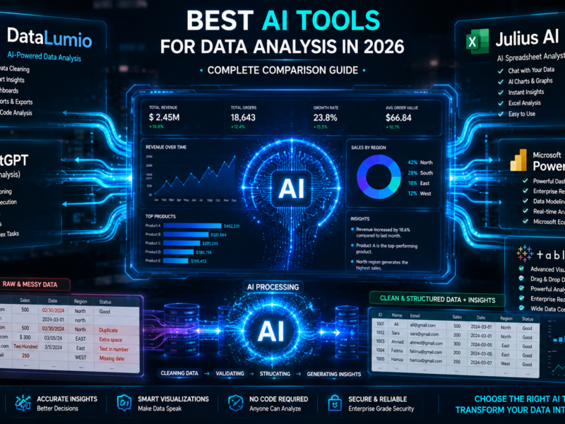 Futuristic AI data analysis platforms comparison with dashboards and analytics visualization