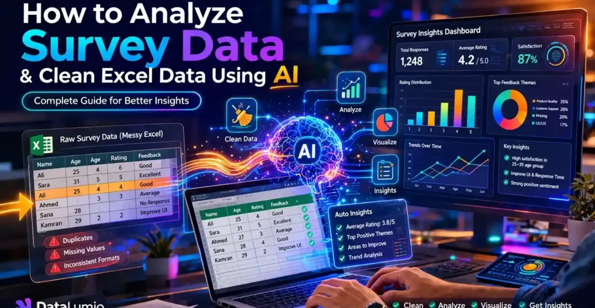 Cinematic AI analyzing survey data and cleaning Excel spreadsheet transforming into insights