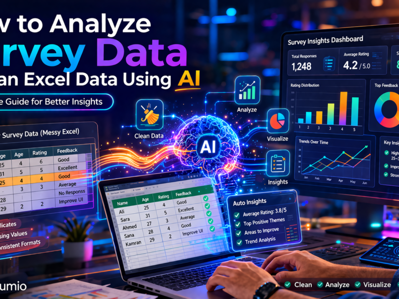 Cinematic AI analyzing survey data and cleaning Excel spreadsheet transforming into insights