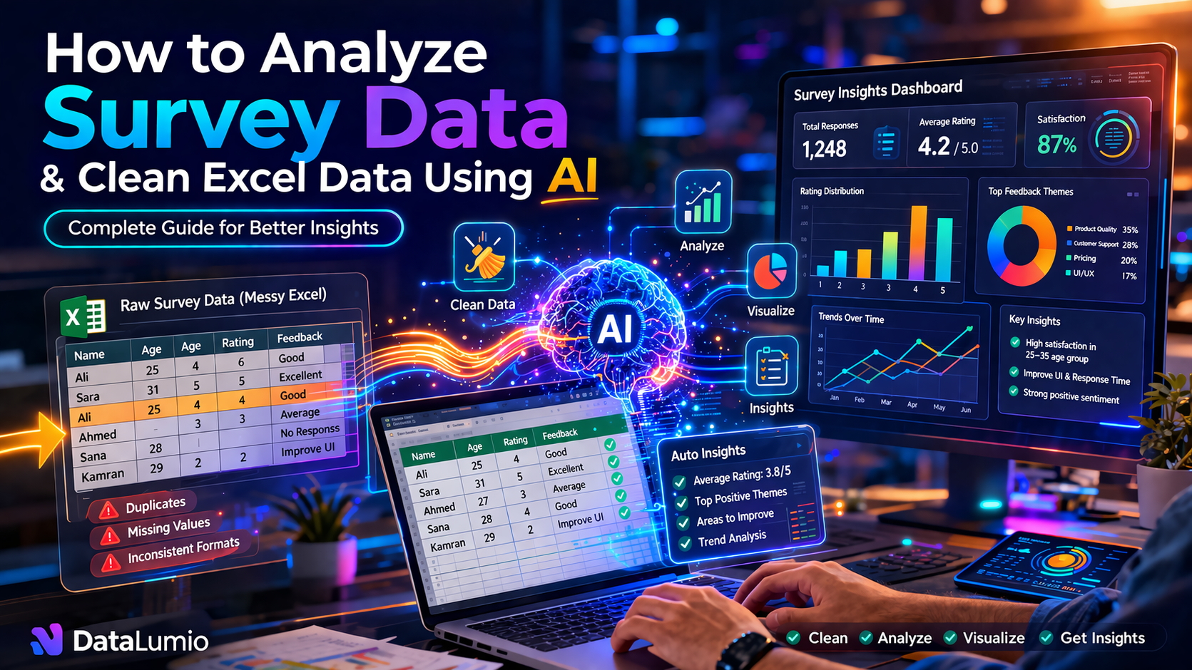 Cinematic AI analyzing survey data and cleaning Excel spreadsheet transforming into insights