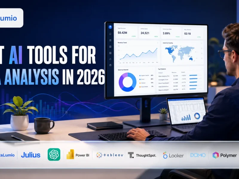 Data analyst reviewing AI dashboards with logos of the best AI tools for data analysis in 2026.