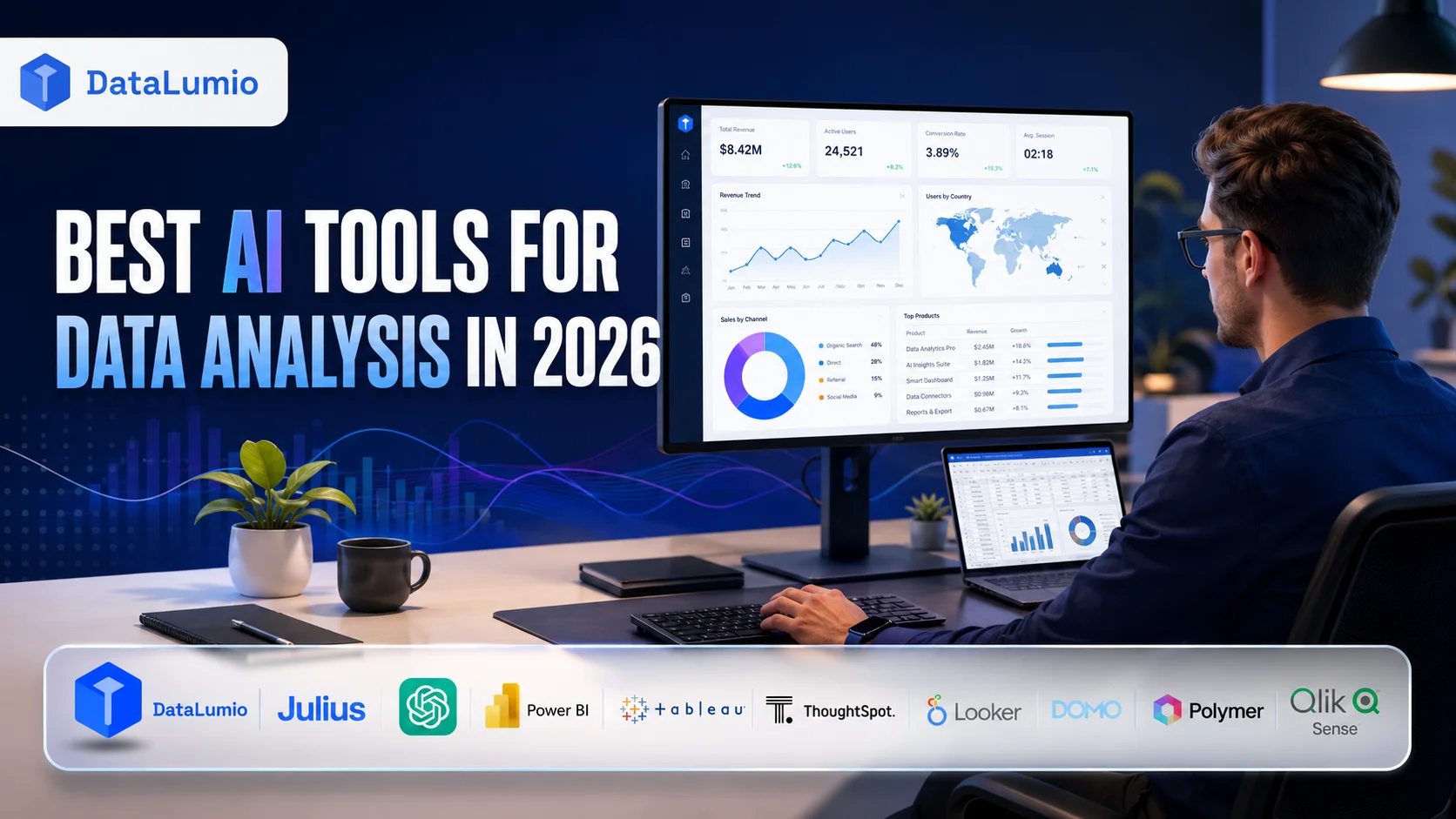 Data analyst reviewing AI dashboards with logos of the best AI tools for data analysis in 2026.