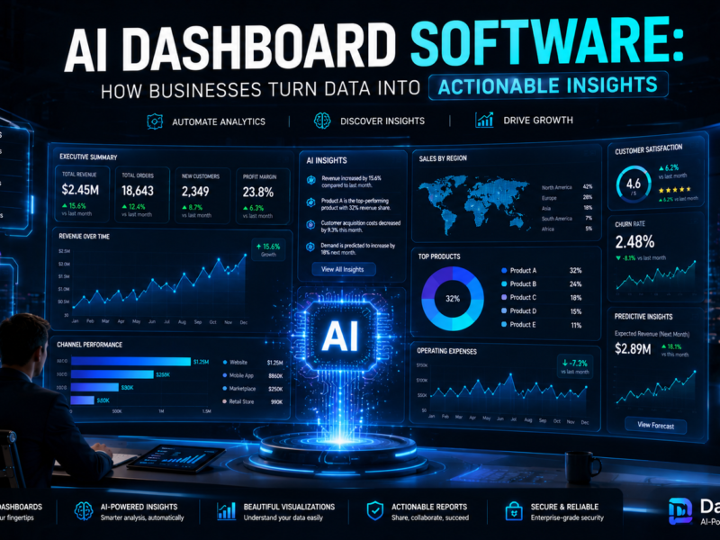 AI dashboard software visualizing business intelligence and real-time analytics