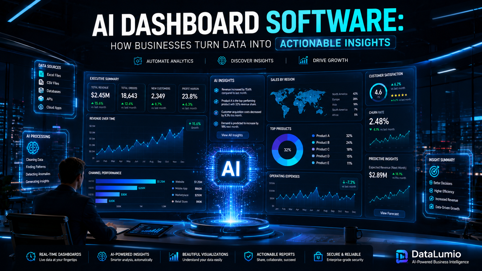 AI dashboard software visualizing business intelligence and real-time analytics