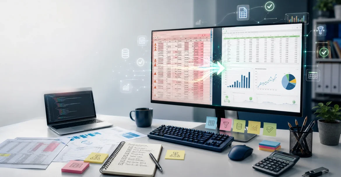 Professional data cleaning workspace showing dirty and clean datasets side by side with spreadsheets, charts, duplicate removal, missing value handling, and data visualization preparation.