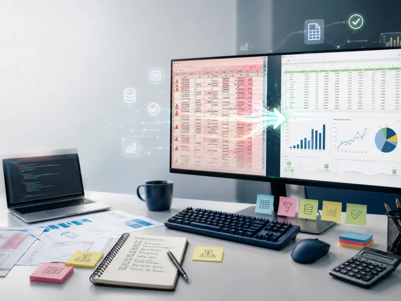 Professional data cleaning workspace showing dirty and clean datasets side by side with spreadsheets, charts, duplicate removal, missing value handling, and data visualization preparation.