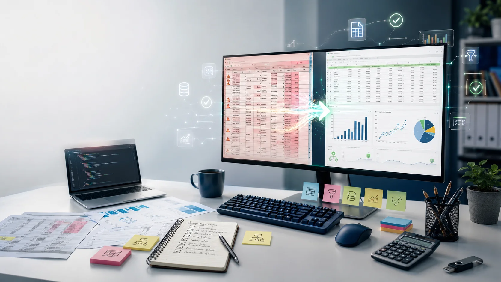 Professional data cleaning workspace showing dirty and clean datasets side by side with spreadsheets, charts, duplicate removal, missing value handling, and data visualization preparation.
