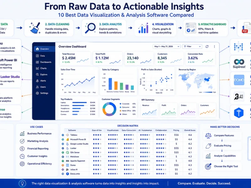 Comparison of data visualization software showing datasets transformed into charts, dashboards, analysis, and reports.