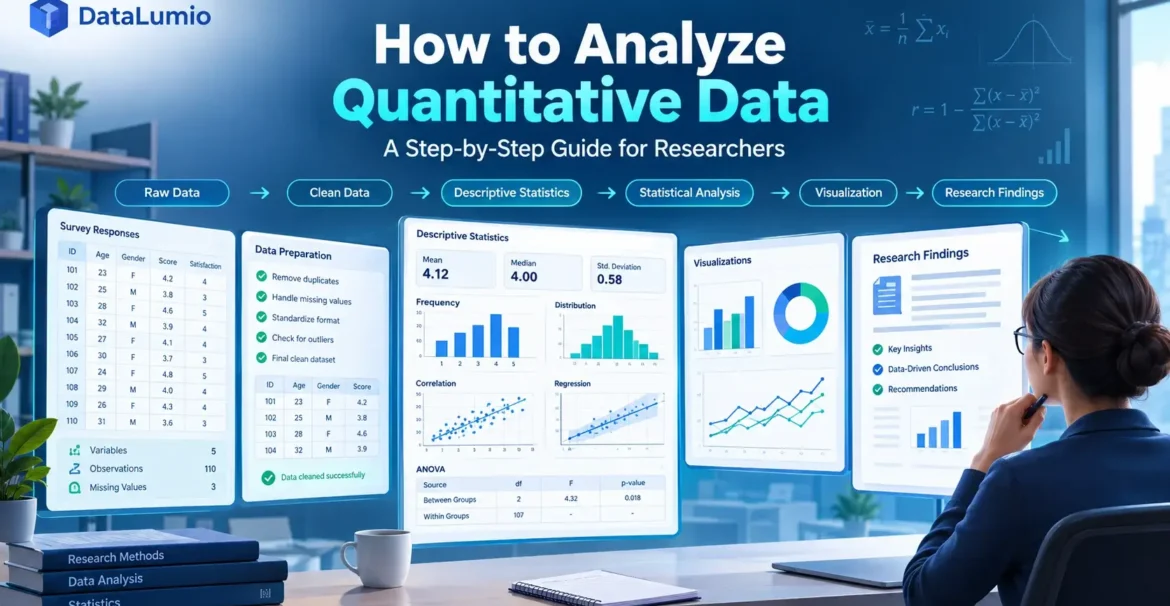 Quantitative data analysis workflow showing statistical methods, charts, and research findings