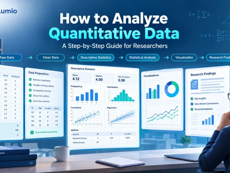 Quantitative data analysis workflow showing statistical methods, charts, and research findings