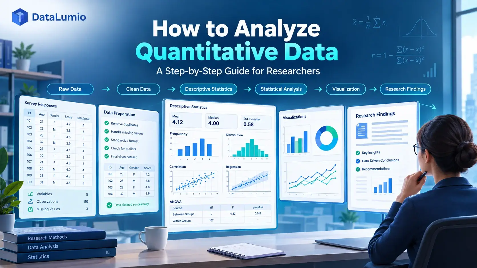 Quantitative data analysis workflow showing statistical methods, charts, and research findings