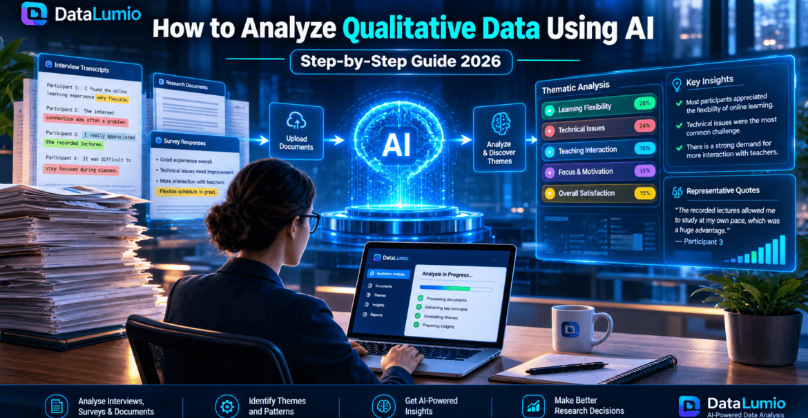 Researcher using AI to analyze qualitative data, interview transcripts, and research documents with DataLumio.