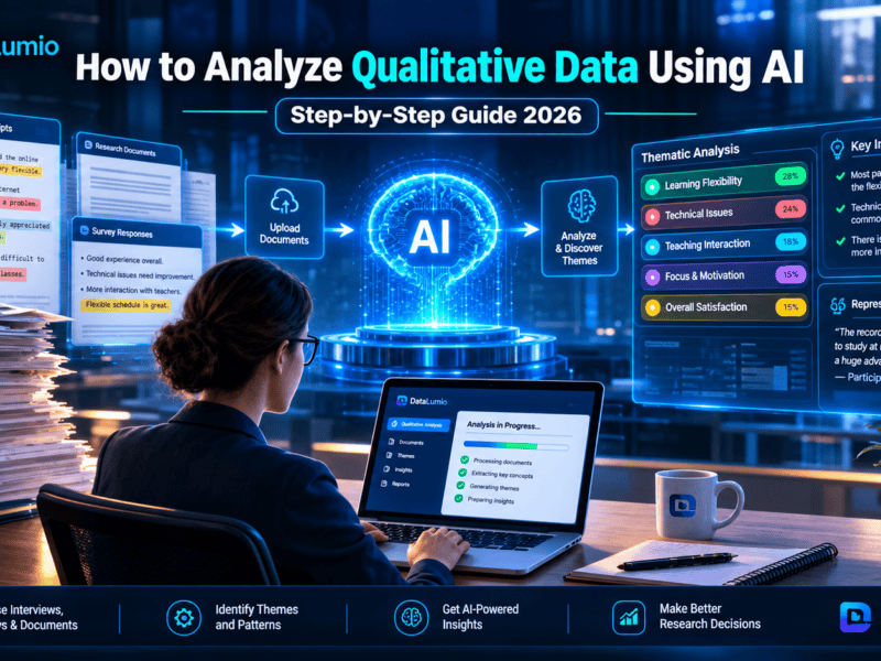 Researcher using AI to analyze qualitative data, interview transcripts, and research documents with DataLumio.