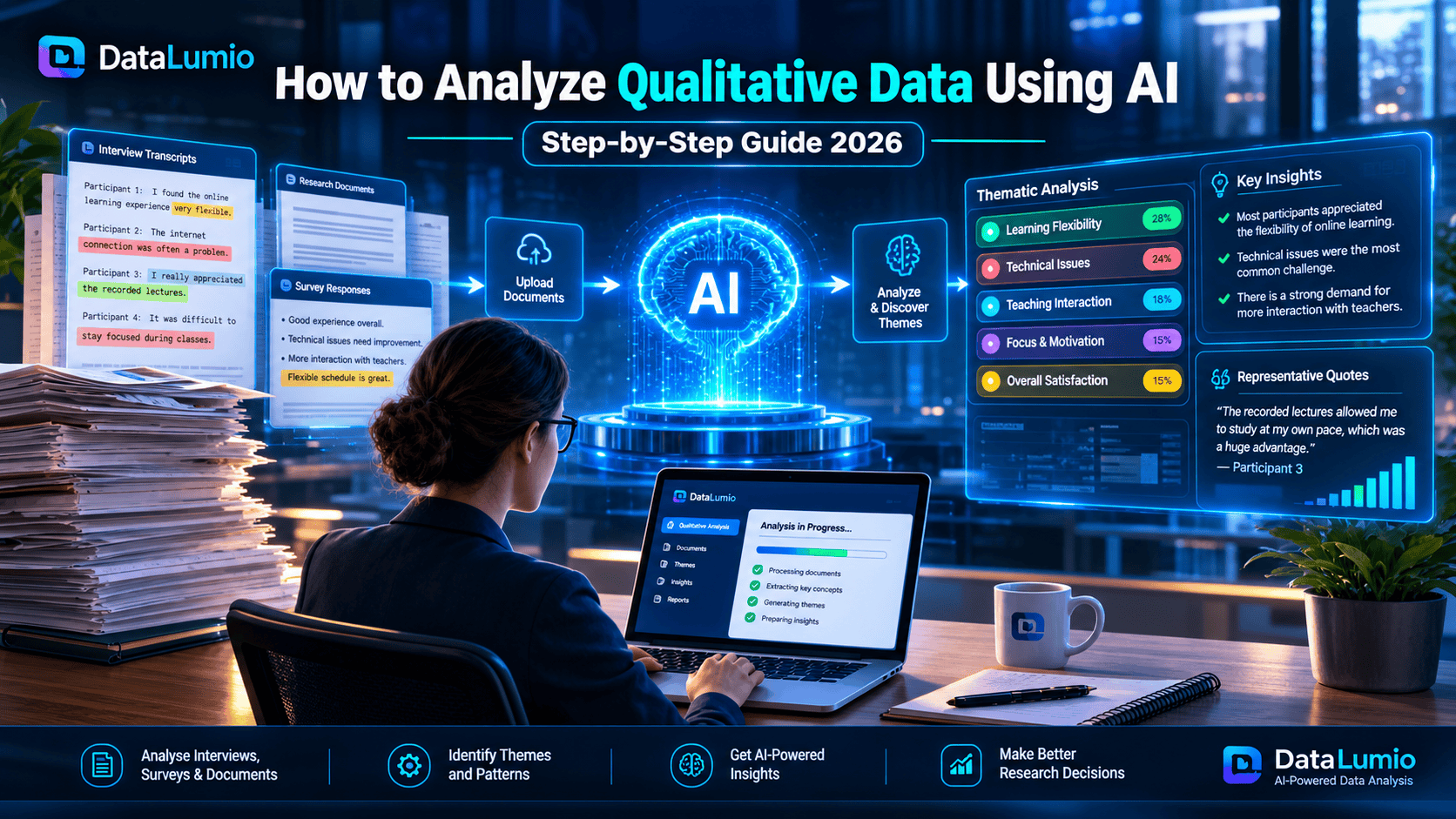 Researcher using AI to analyze qualitative data, interview transcripts, and research documents with DataLumio.